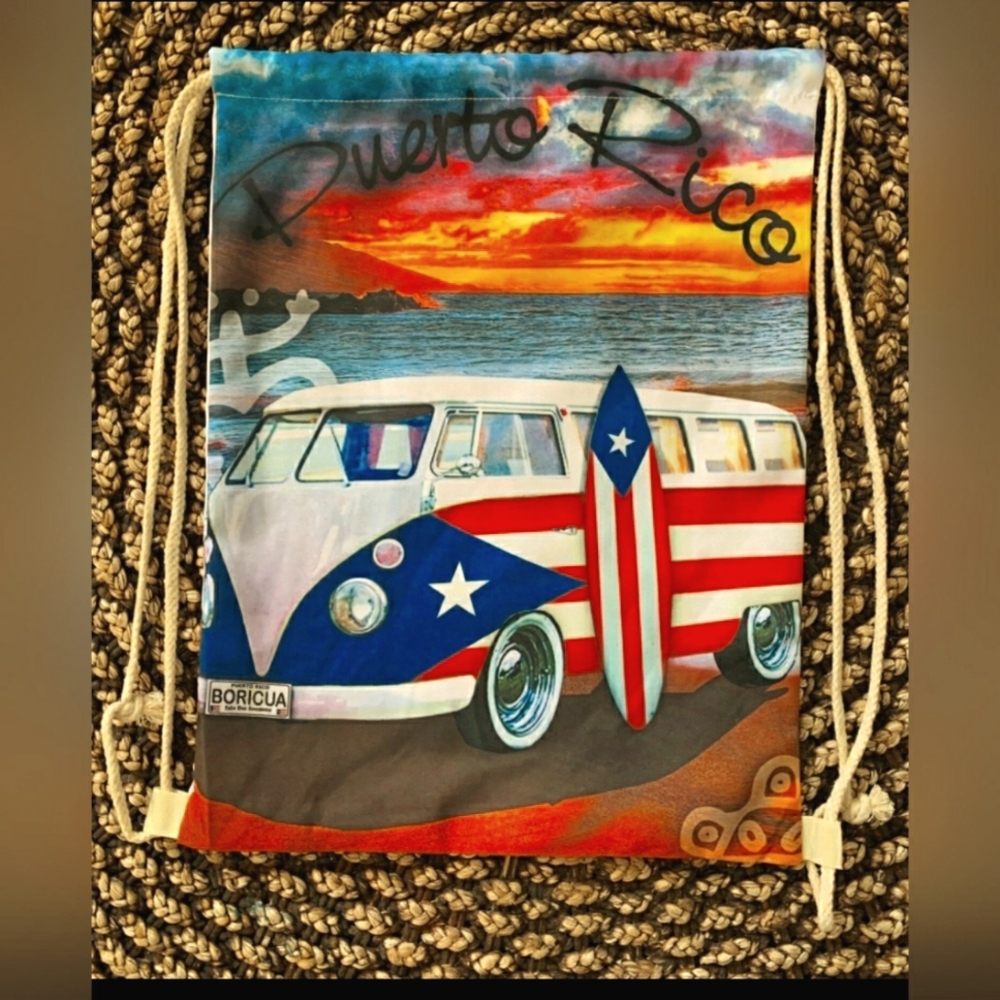 Volkswagen Bus with Puerto Rican Flag Design Drawstring Bag!!!!